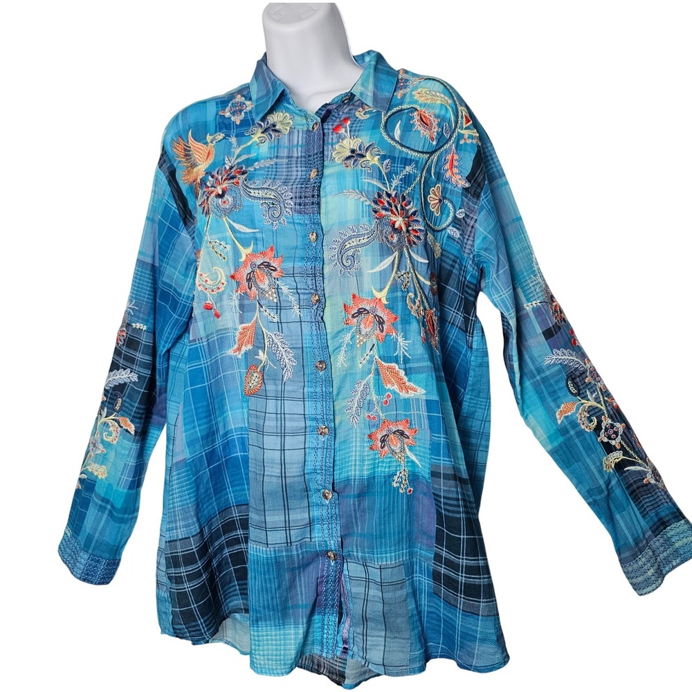 Johnny Was Blue Embroidered Button-Down Shirt - Picture 2 of 13